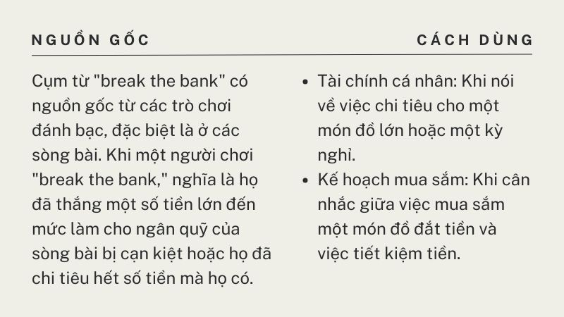 Nguồn gốc và cách dùng break the bank Nguồn gốc và cách dùng