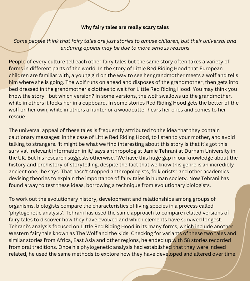 Bài đọc Why fairy tales are really scary tales (1) Bài đọc Why fairy tales are really scary tales (1)